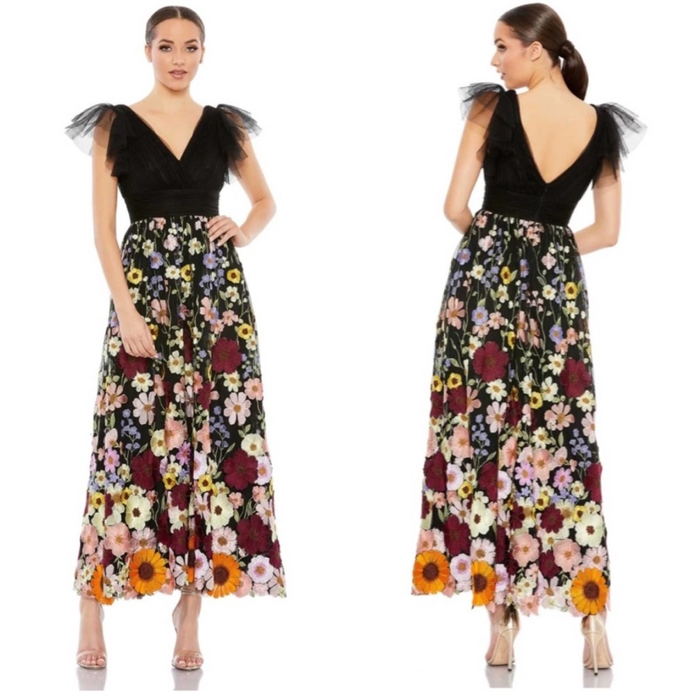 Mac Duggal Floral Embroidered A-Line Flutter Sleeve Tulle Maxi Dress, Size 4 NWT